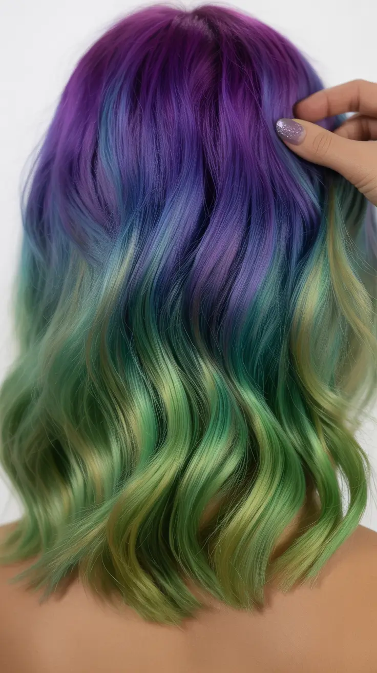 soft spring ombre hair color 2026 Violet to Emerald Fantasy Ombre with Soft Waves