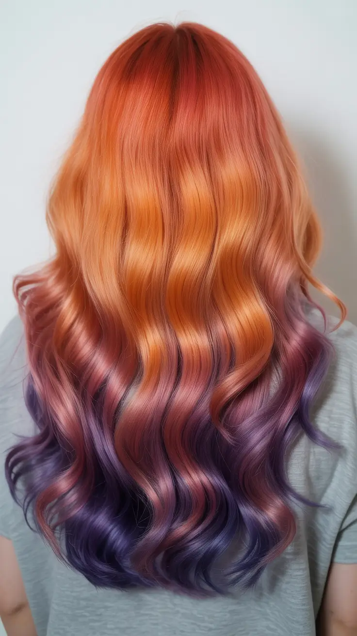 soft spring ombre hair color 2026 Sunset Copper to Plum Ombre for a Dramatic Finish
