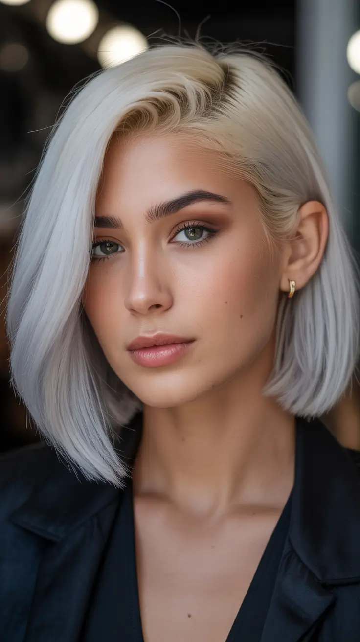 summer hair color for blondes 2026 platinum Modern Platinum Bob with Cool Undertones