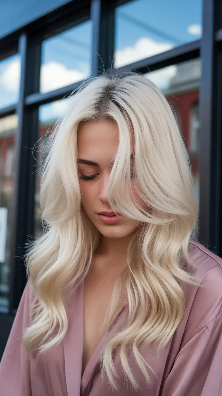 summer hair color for blondes 2026 platinum Feathered Platinum Waves with Soft Volume