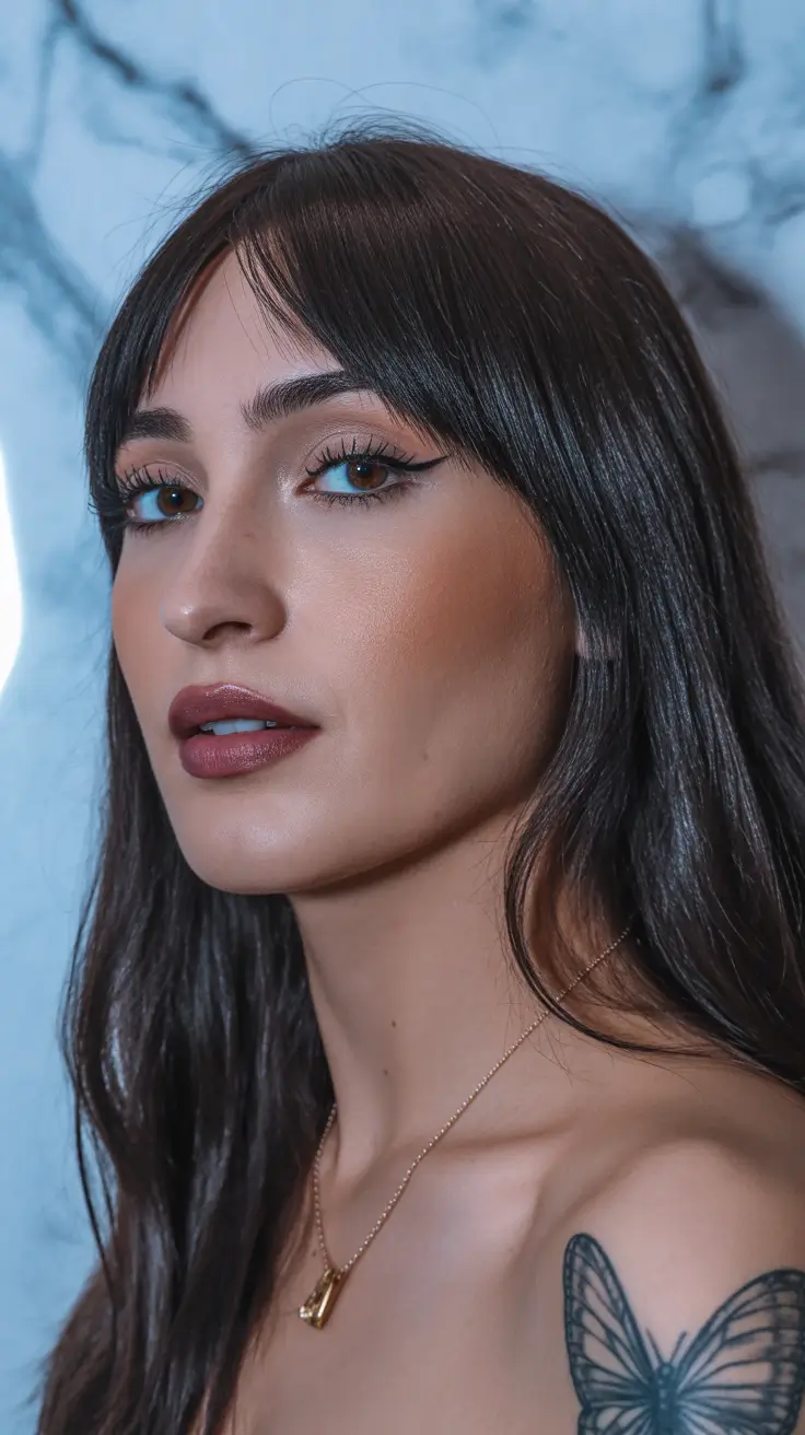 summer hair color ideas 2026 cool tones Cool Smoky Brunette with Wispy Fringe