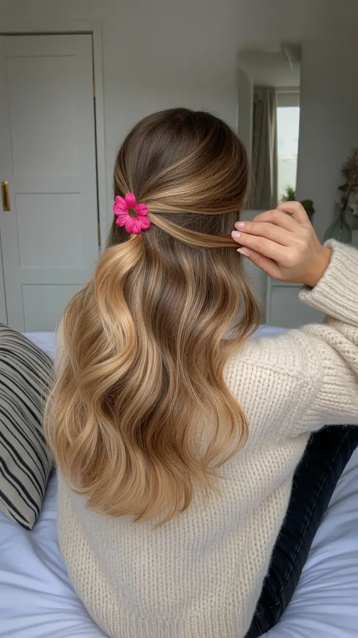 summer hairstyles for swimming 2026 Soft Half-Up Waves with a Playful Floral Clip