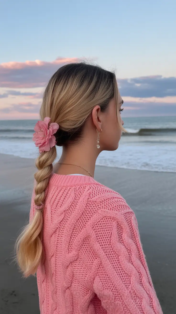 summer hairstyles for swimming 2026 Soft Braided Ponytail with a Romantic Floral Detail