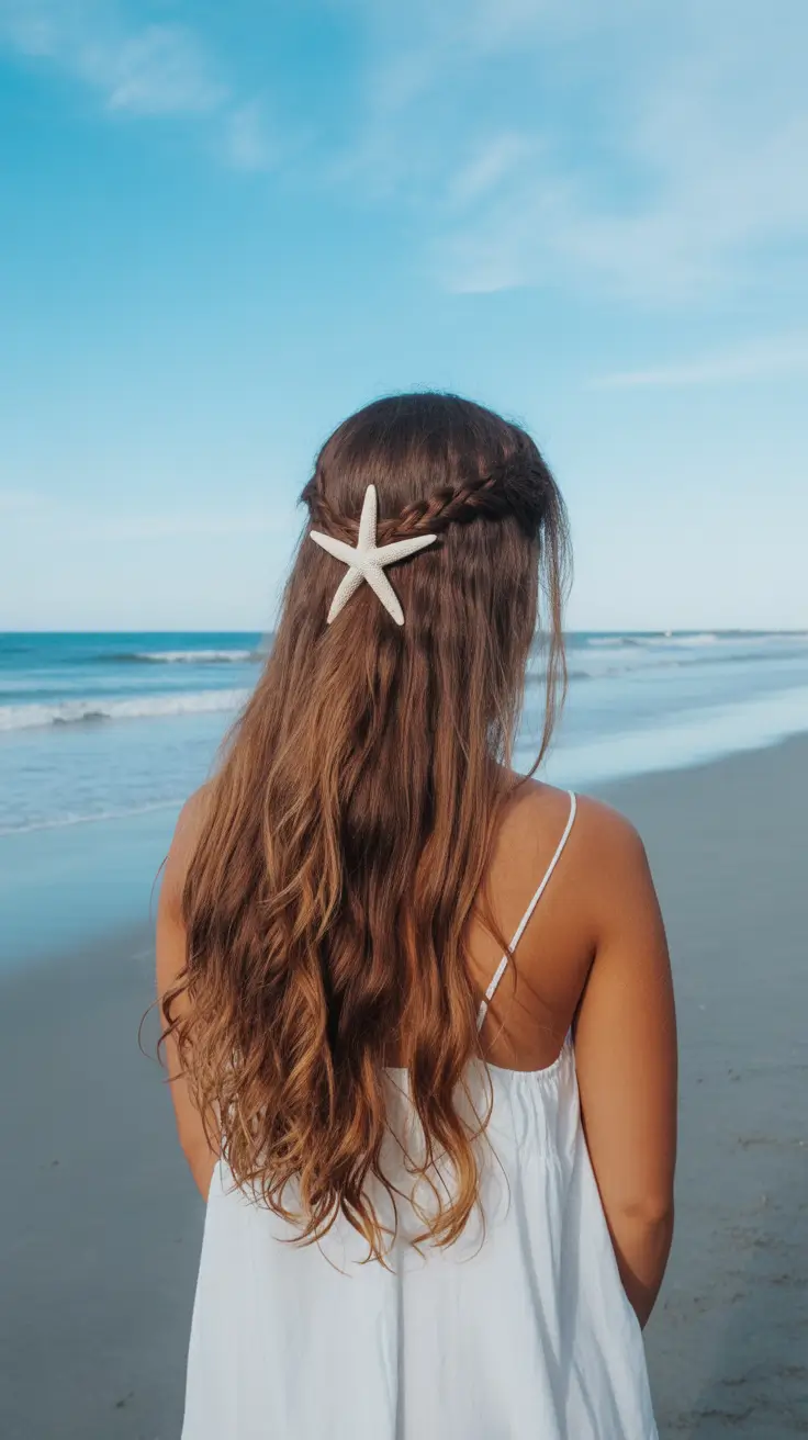 summer hairstyles for swimming 2026 Soft Half-Up with a Coastal Starfish Accent