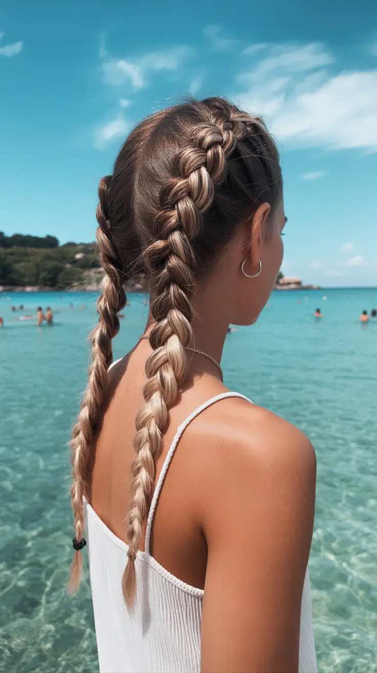 summer hairstyles for swimming 2026 Classic Double Braids with a Sleek Finish