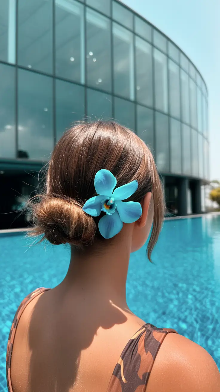 summer hairstyles for swimming 2026 Low Twisted Bun with a Bold Blue Flower