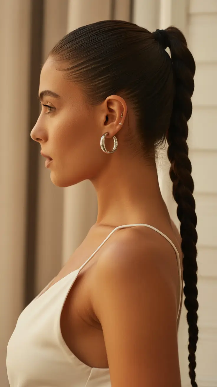 summer hairstyles for swimming 2026 Sleek High Ponytail with a Braided Tail