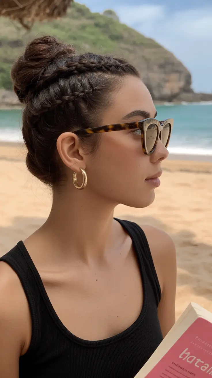 summer hairstyles for swimming 2026 Textured Braided Bun with a Relaxed Beach Finish