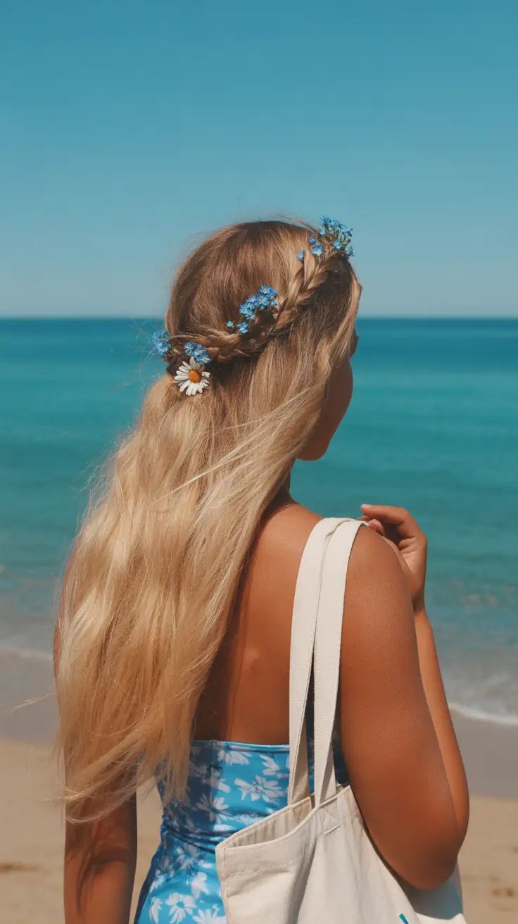 summer hairstyles for swimming 2026 Romantic Half-Up with Floral Details