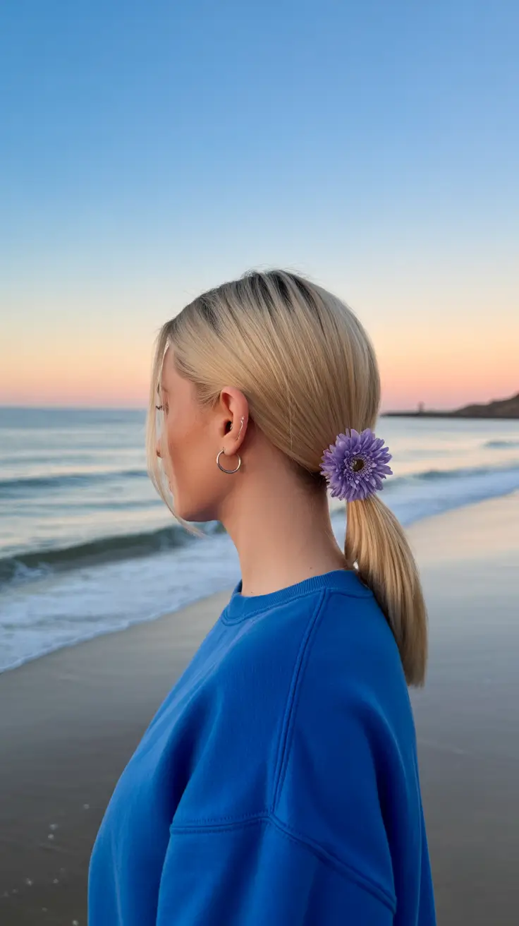 summer hairstyles for swimming 2026 Low Sleek Ponytail with a Soft Floral Accent