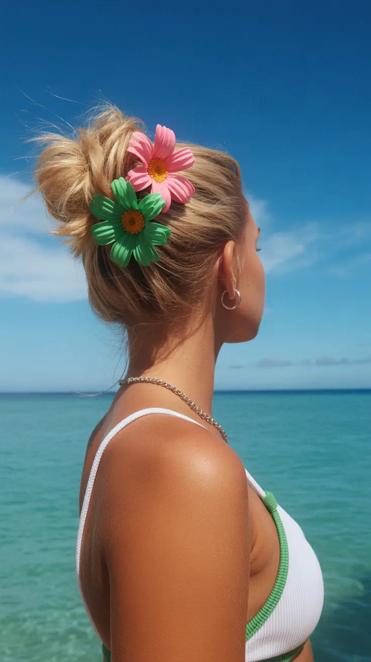 summer hairstyles for swimming 2026 Messy Top Bun with Playful Floral Clips