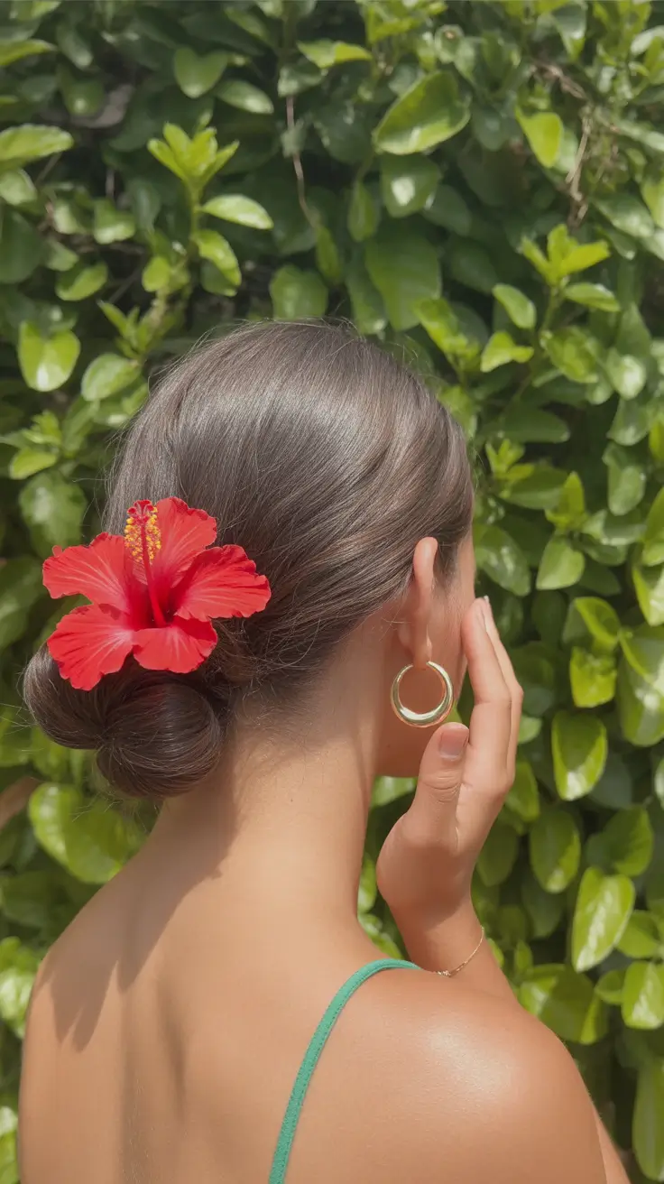 summer hairstyles for swimming 2026 Low Sleek Bun with a Bold Floral Detail