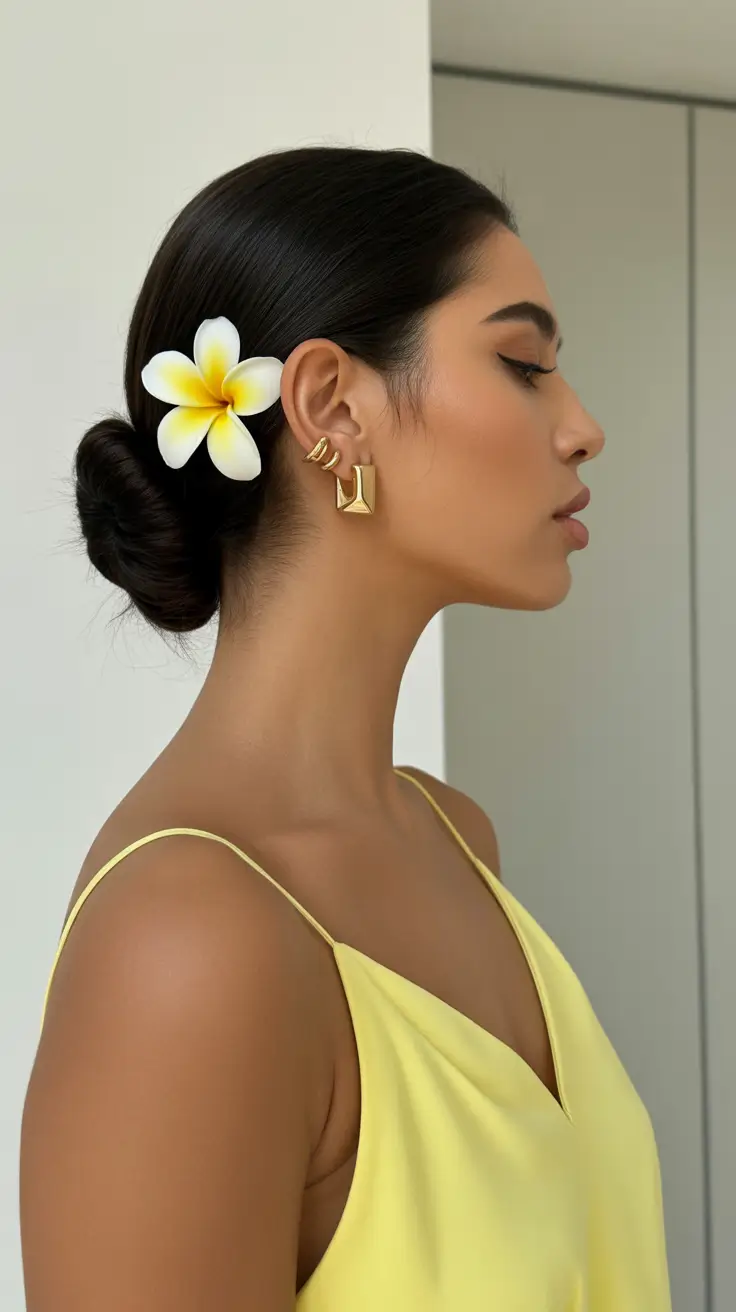 summer hairstyles for swimming 2026 Sleek Low Bun with a Tropical Flower Accent