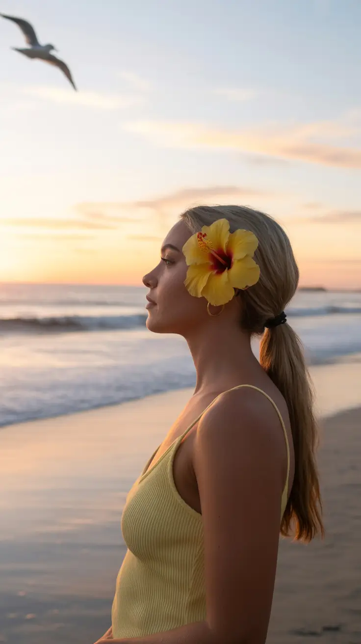 summer hairstyles for swimming 2026 Low Ponytail with a Bold Floral Statement