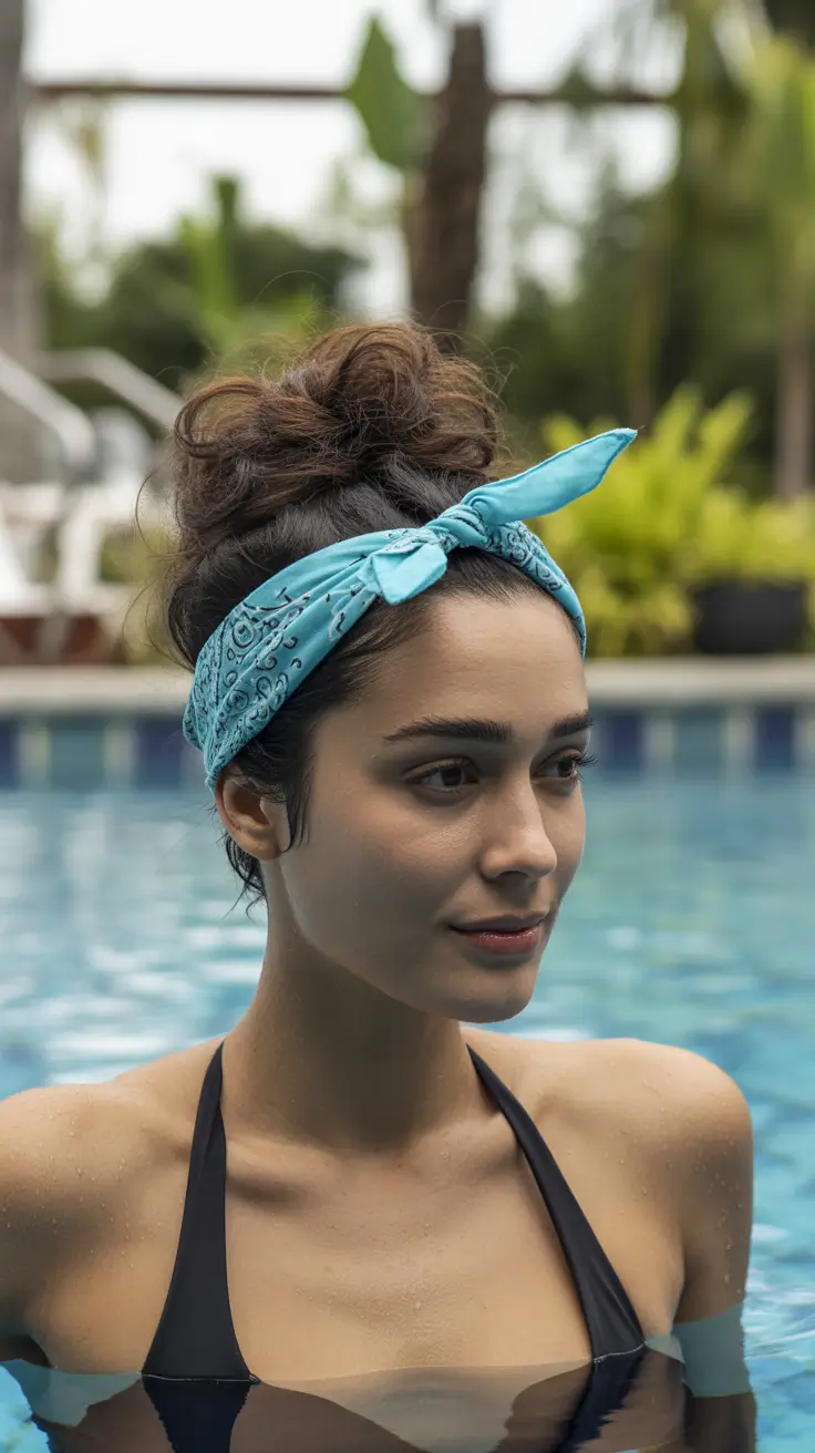 summer hairstyles for swimming 2026 High Textured Bun with a Casual Bandana