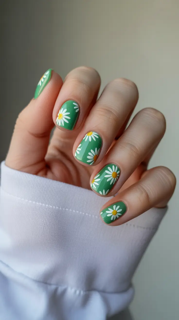 summer nail art ideas 2026 floral Fresh green daisy minimalism on short natural nails