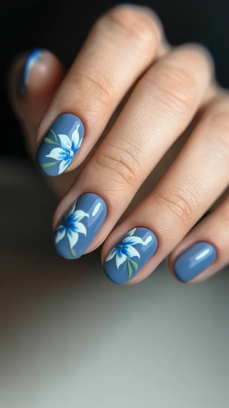 summer nail art ideas 2026 floral Muted denim blue florals for effortless everyday elegance