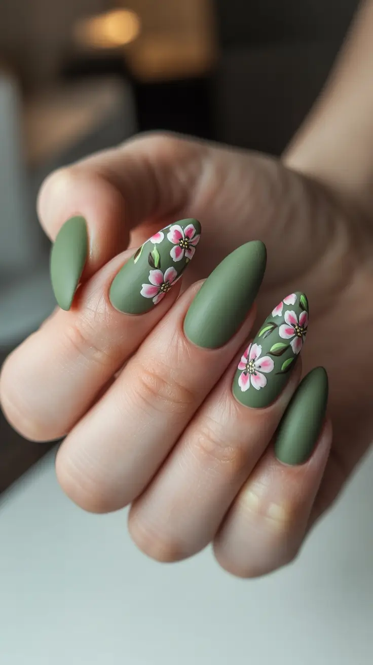 summer nail art ideas 2026 floral Matte olive blossom nails with romantic floral detailing