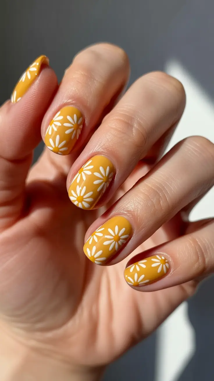 summer nail art ideas 2026 floral Sunny daisy pattern on short mustard nails