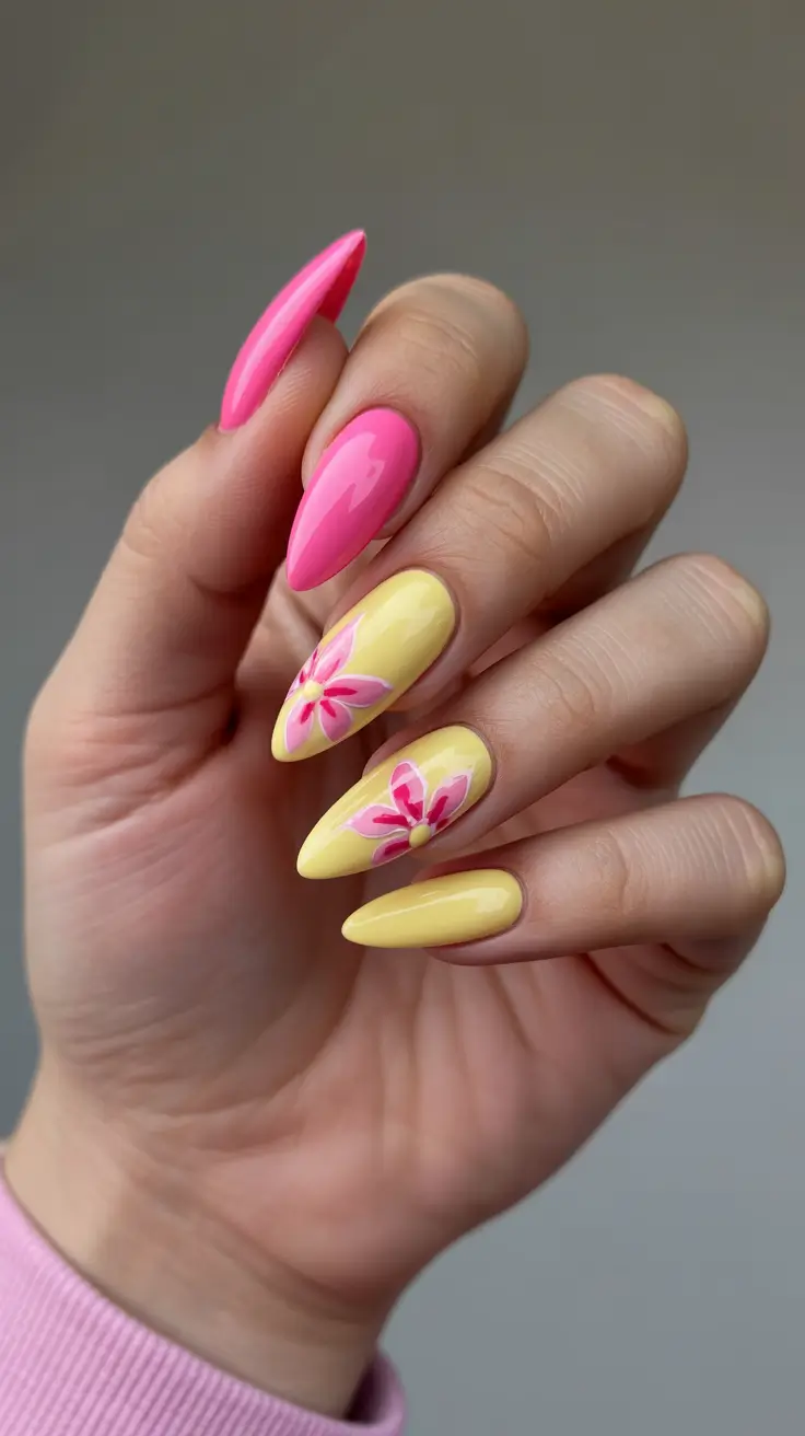 summer nail art ideas 2026 floral Tropical pink and butter yellow floral contrast