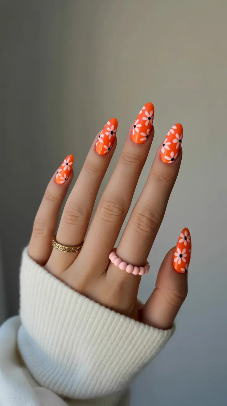 summer nail art ideas 2026 floral Retro orange daisy pattern for cheerful vacation styling