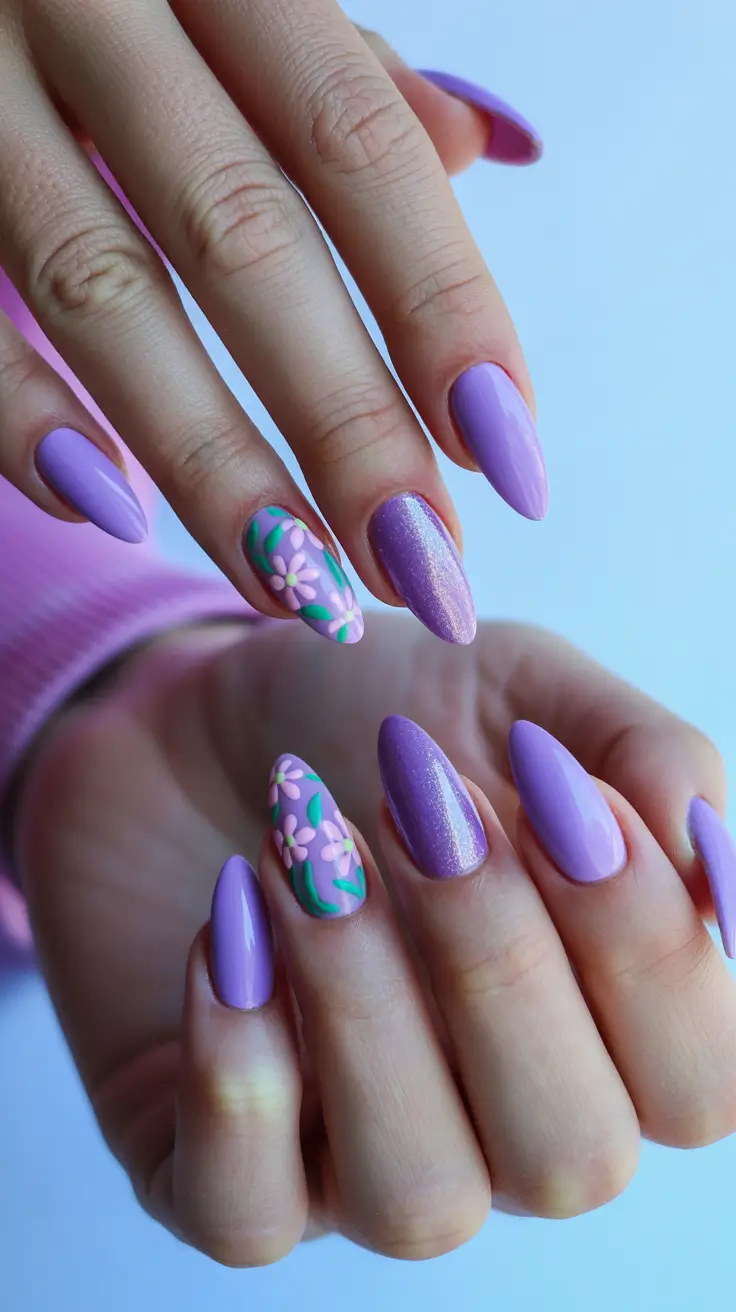 summer nail art ideas 2026 floral Lavender shimmer florals with soft romantic energy