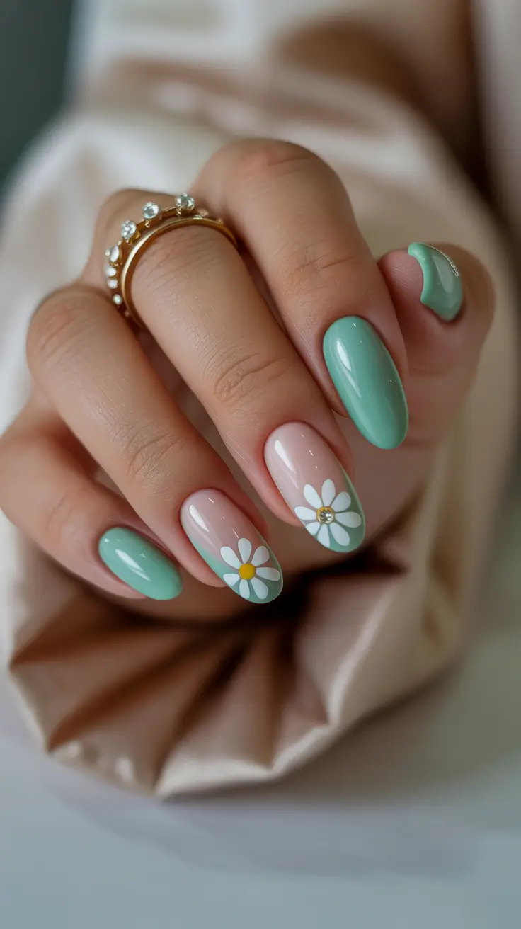 summer nail art ideas 2026 floral Mint daisy elegance with modern natural base