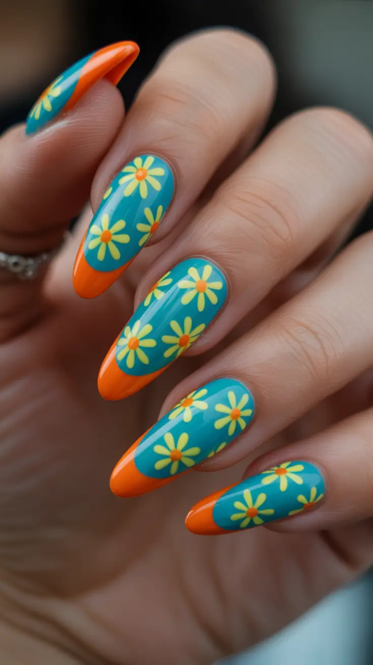 summer nail art ideas 2026 floral Turquoise floral tips with bold orange French accents