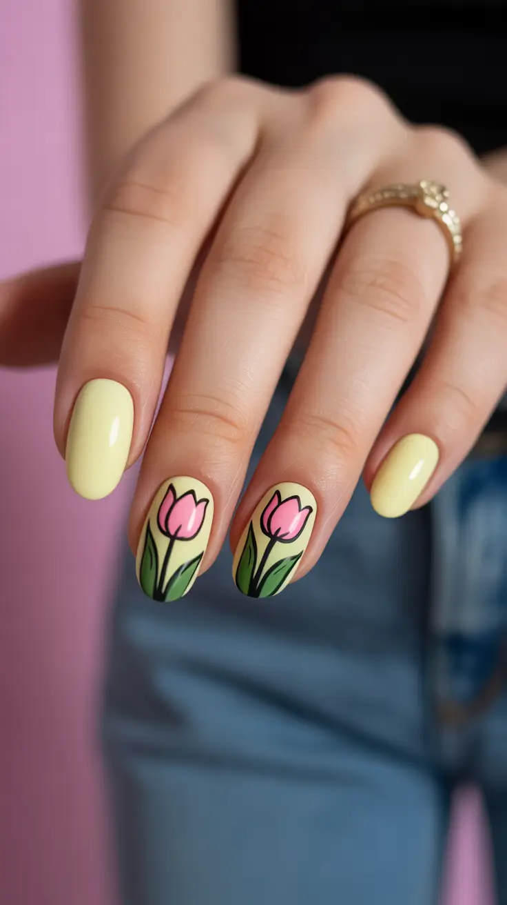 summer nail art ideas 2026 floral Soft pastel tulip story in creamy yellow