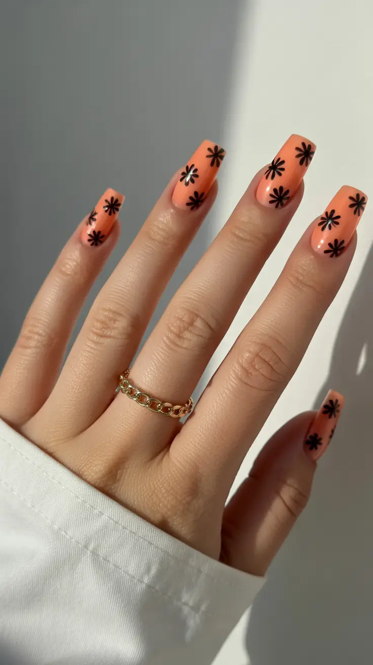 summer nail art ideas 2026 floral Peach sunset florals with graphic black daisies