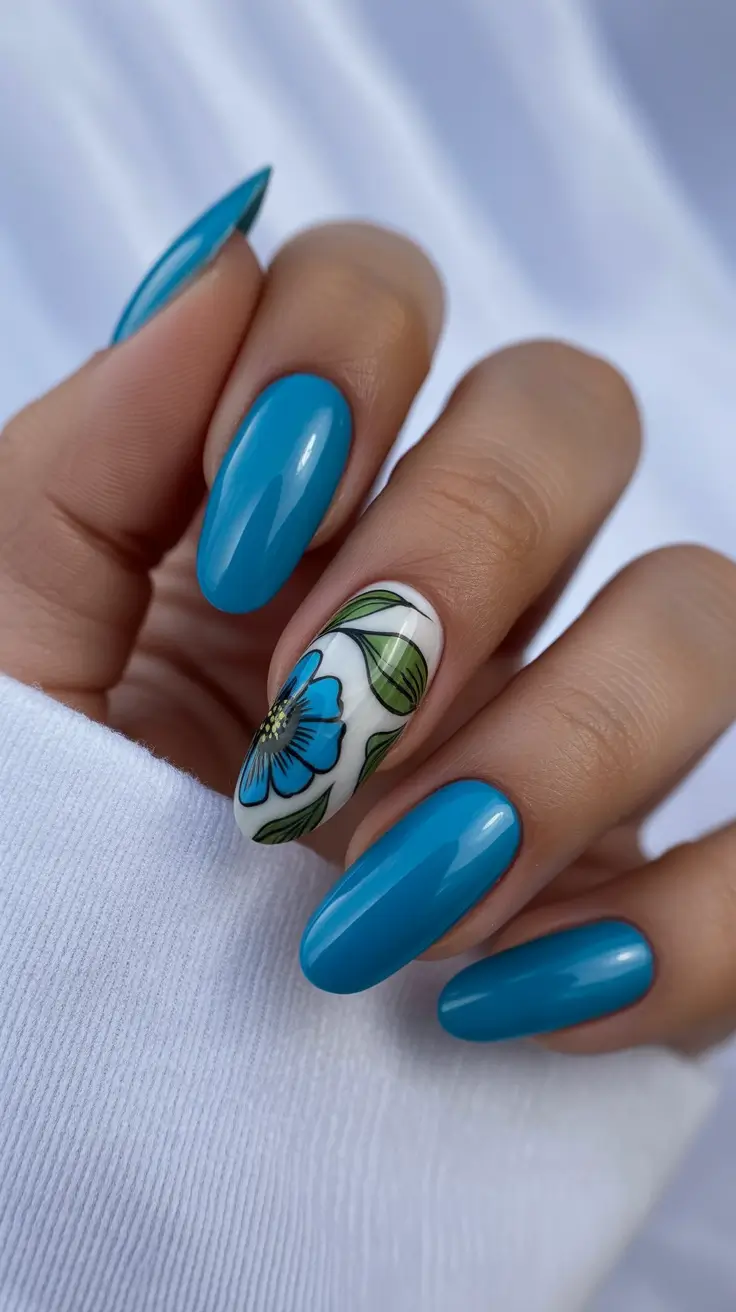summer nail art ideas 2026 floral Ocean blue floral calm with modern almond silhouettes