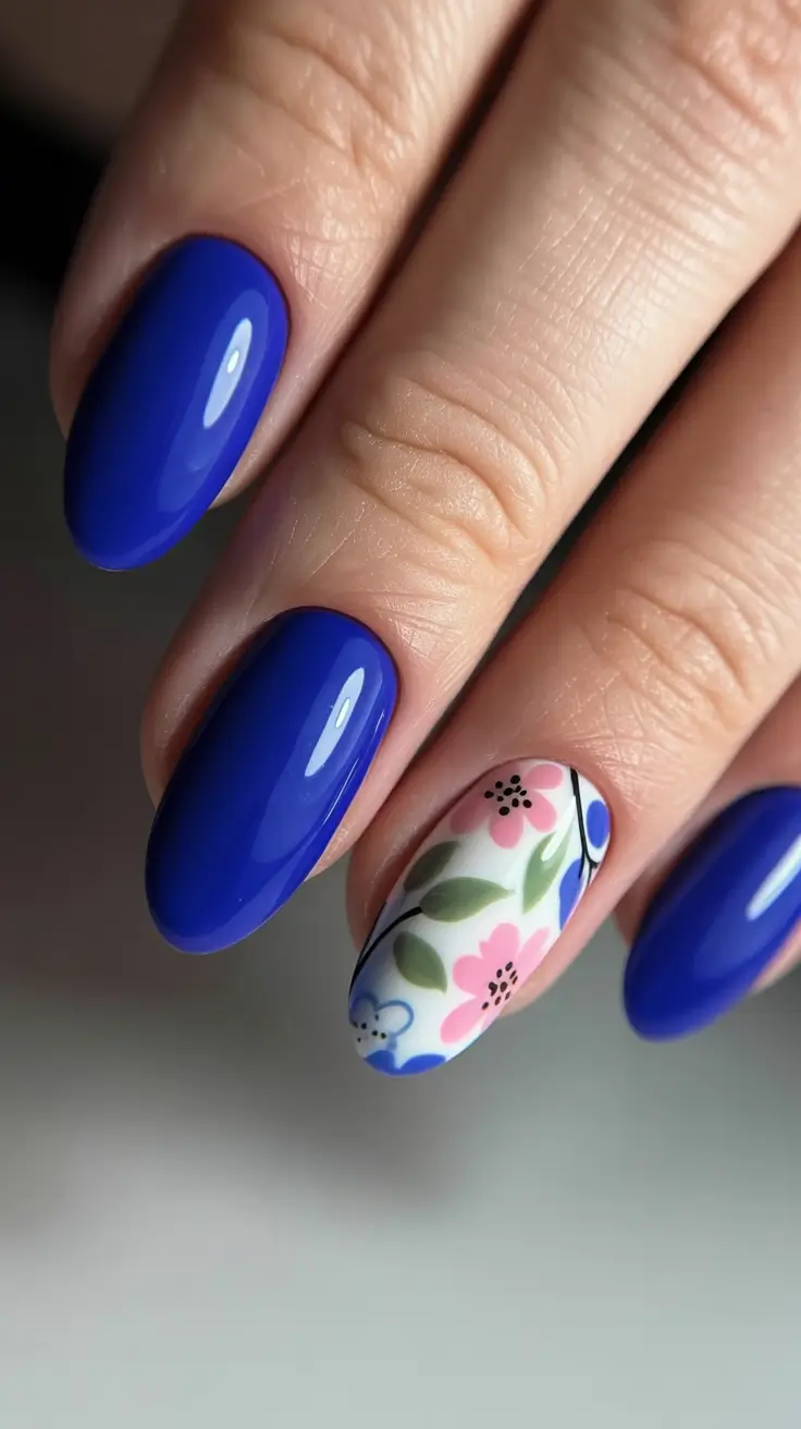 summer nail art ideas 2026 floral Royal cobalt blooms for confident summer styling