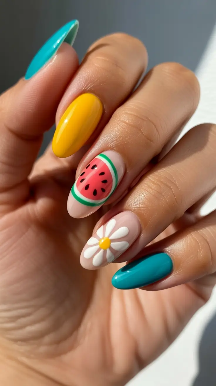 summer nail art ideas 2026 floral Playful fruit and daisy mix for vacation mood nails