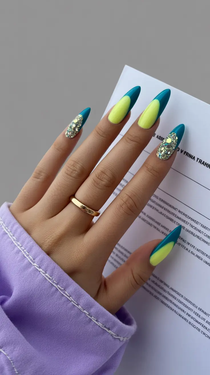 summer nail colors ideas 2026 bright Teal and lime glitter fusion for statement summer nails