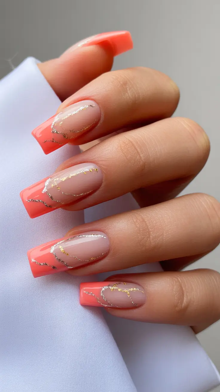 summer nail colors ideas 2026 bright Coral marble glow with golden summer shimmer
