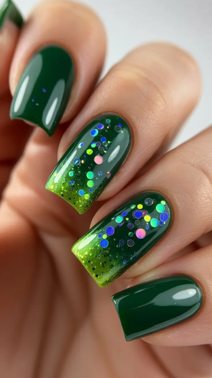 summer nail colors ideas 2026 bright Deep emerald glitter ombre for bold seasonal glamour