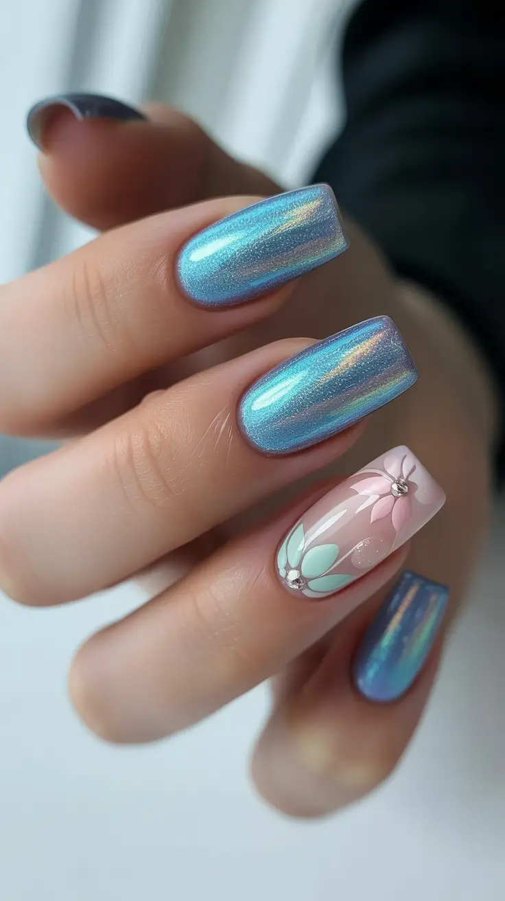 summer nail colors ideas 2026 bright Iridescent blue shimmer with delicate floral accent