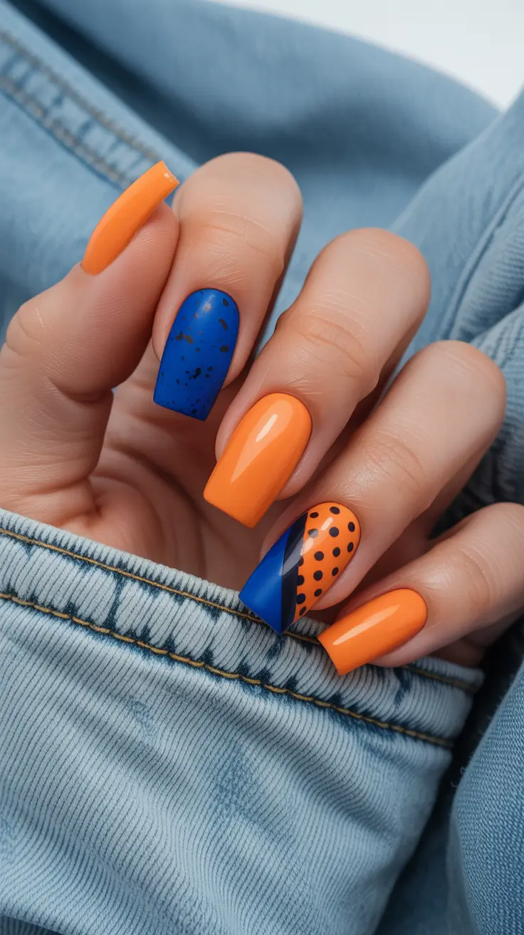 summer nail colors ideas 2026 bright Playful orange and blue pop art energy