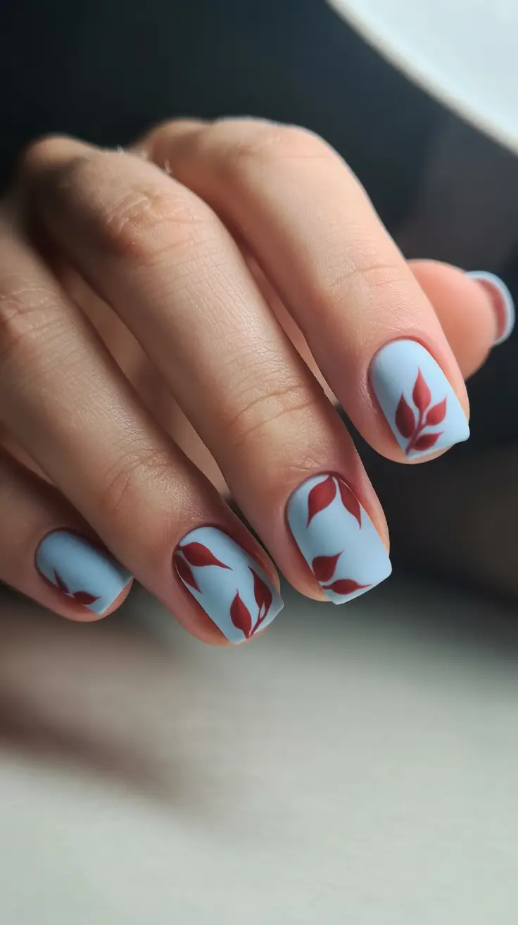 summer nail colors ideas 2026 bright Sky blue matte leaves for soft seasonal freshness