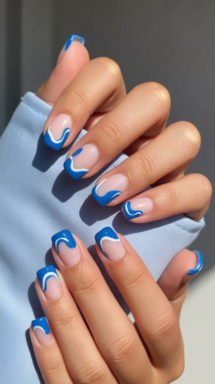 summer nail colors ideas 2026 bright Electric blue wave French for playful modern summer style