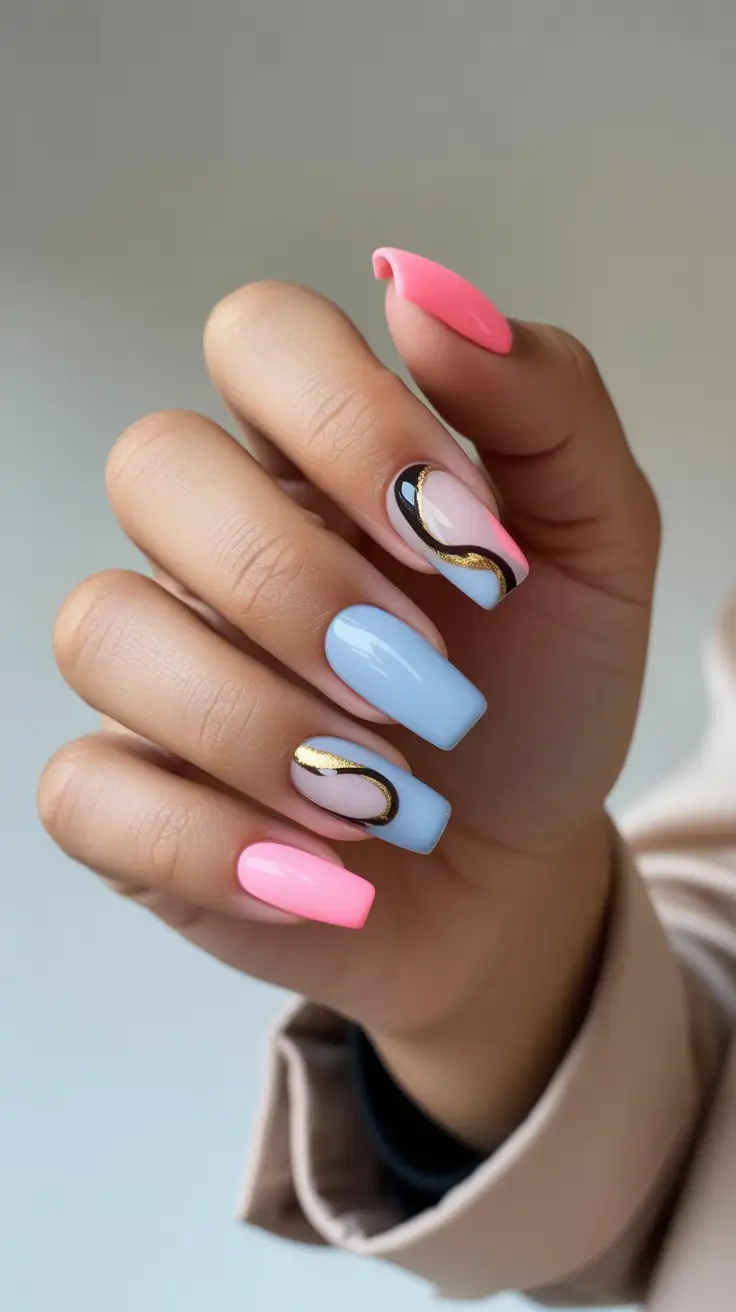 summer nail colors ideas 2026 bright Soft pastel waves with golden accents