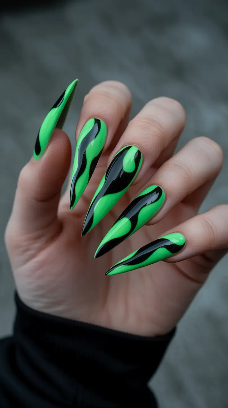 summer nail colors ideas 2026 bright Electric green flame stiletto statement