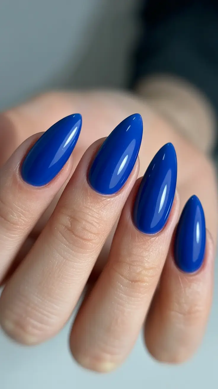 summer nail colors ideas 2026 bright Glossy cobalt almond elegance for confident summer days