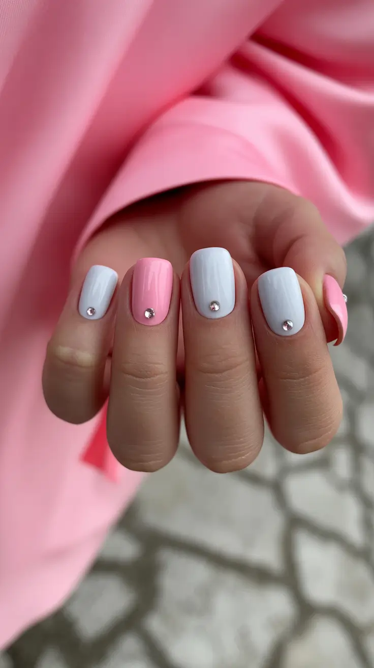 summer nail colors ideas 2026 bright Pastel pink and blue minimal charm for short summer nails