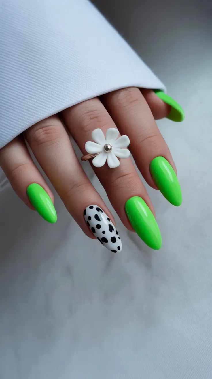 summer nail colors ideas 2026 bright Neon green statement with playful monochrome accent
