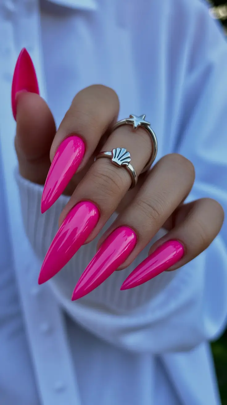 summer nail colors ideas 2026 bright Hot pink stiletto drama for fearless summer styling