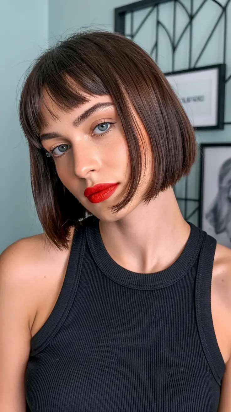 summer short haircut ideas 2026 Sharp Brunette Micro Bob With Graphic Fringe