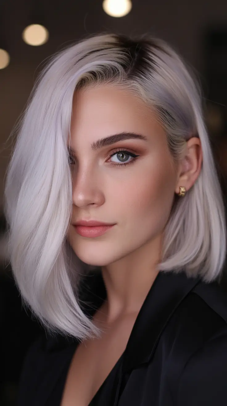 summer short haircut ideas 2026 Elegant Ice Blonde Side Swept Bob