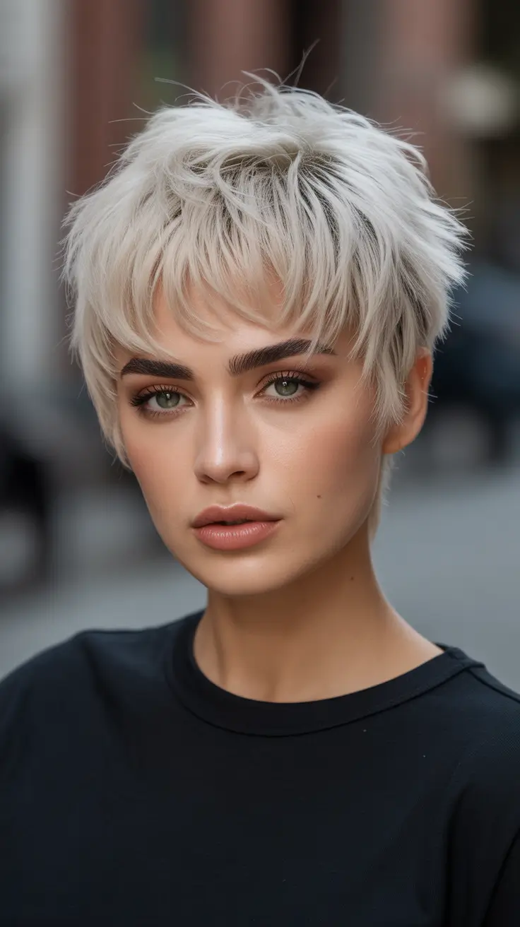 summer short haircut ideas 2026 Edgy Platinum Choppy Pixie With Soft Fringe