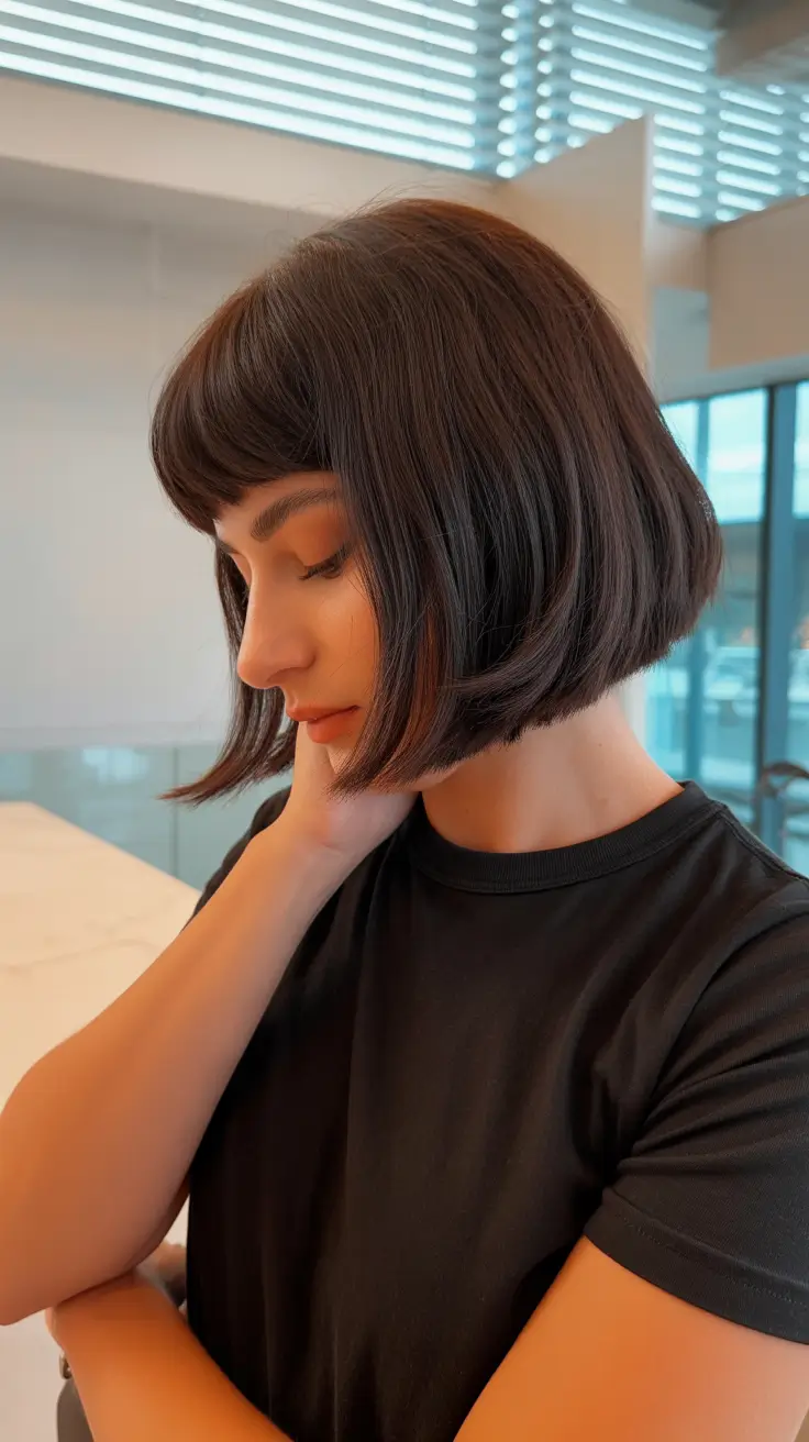 summer short haircut ideas 2026 Rounded Brunette French Bob With Soft Bangs